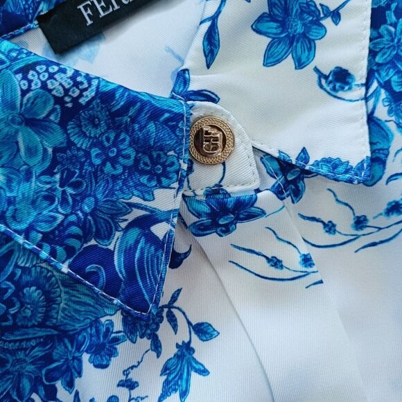 NWOT $631 FERRE Vintage Floral Print Blue Mini Shirt Dress Size IT50 - Picture 5 of 12